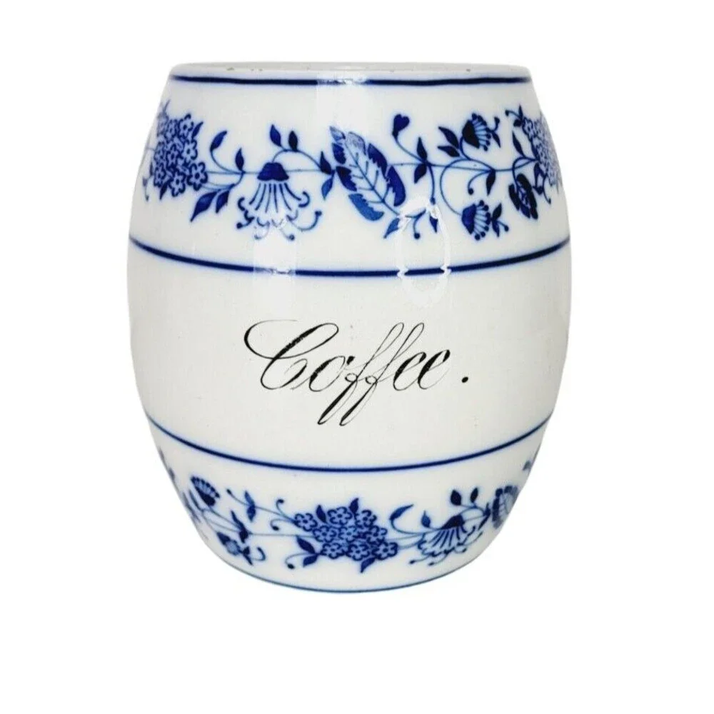 Antique German Porcelain Ceramic Blue & White Delft Round Coffee Jar Canister